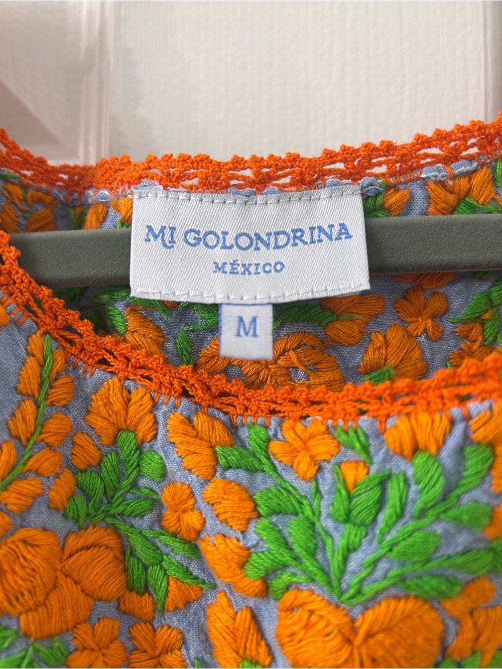 Mi Golondrina Blue Dress with Orange & Green Floral Embroidery - Picture 3 of 3